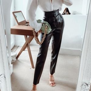 NWT ZARA * FAUX LEATHER BELTED PANTS BLACK
